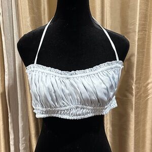 Oh Polly White Ruched Shirred Halter Neck Crop Top in Sky Grey